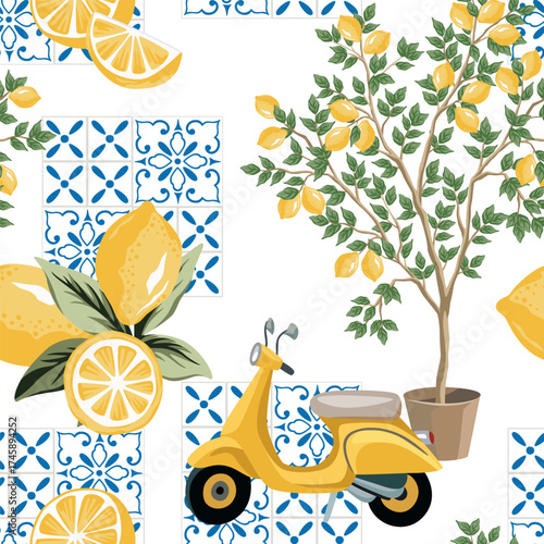 Lemon tree, scooter, lemon fruit, blue Italian tile seamless pattern. Summer print.	