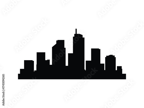 City skyline silhouette. Central tower and compact skyscrapers. Modern black vector for branding and templates.