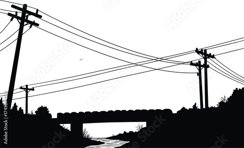 Silhouette utility poles, rural bridge with arches, stream and vegetation, flying bird above wires, electricity distribution, black outline, voltage grid, landscape