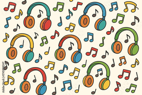 Vibrant hand drawn headphones and musical notes scattered across a textured background