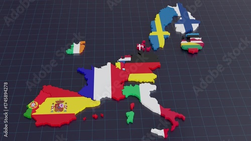 3D animation of European Union map — countries with national flags fall into place and turn blue under EU stars, symbolizing unity and European integration