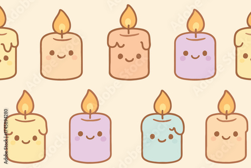 Cute kawaii candles with happy faces and dripping wax in pastel colors