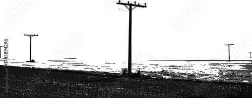 Silhouette utility poles, rural landscape, central foreground pole, receding line sequence, power line system, electricity distribution, black outline, voltage grid, perspective