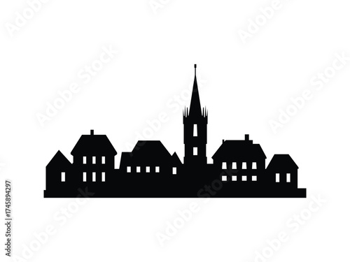 Town skyline silhouette. Small houses with tall church spire. Simple black vector for vintage style graphics.