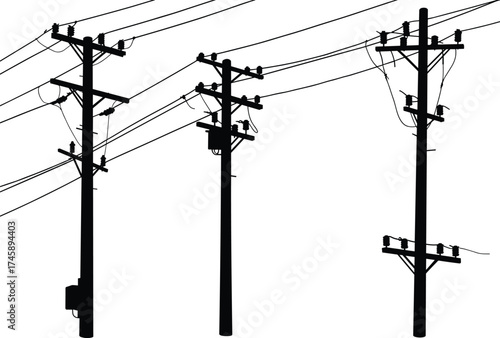 Silhouette utility poles, three pole variations, transformers and junction boxes, crossarms and insulators, power line system, electricity distribution, black outline, voltage grid
