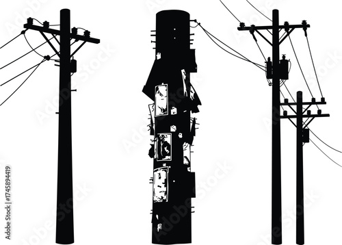 Silhouette utility poles, transformers and insulators, bomb‑like abstract object, power line system, electricity distribution, urban infrastructure, black outline, voltage grid