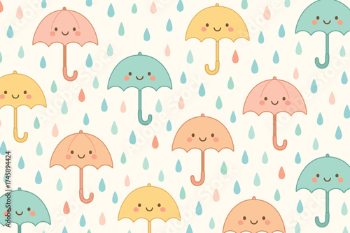 Cute kawaii umbrellas with happy faces on a rainy day pattern
