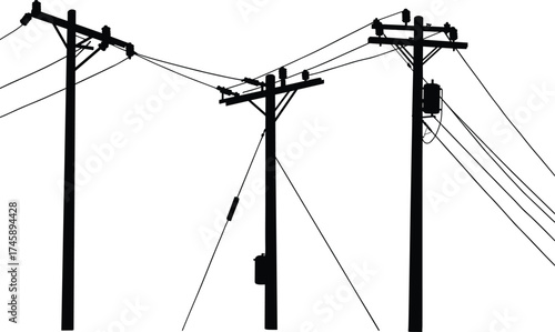 Silhouette utility poles, transformers and insulators, guy wire support, power line network, electricity distribution, urban infrastructure, black outline, voltage grid, energy system