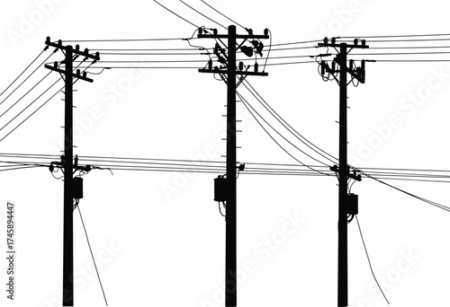 Silhouette utility poles, transformers and insulators, interconnected power line network, electricity distribution, urban infrastructure, black outline, voltage grid, overhead wires, energy system