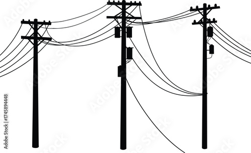 Silhouette utility poles, transformers and junction boxes, power line network, electricity distribution, urban infrastructure, voltage grid, overhead wires, black outline, energy system