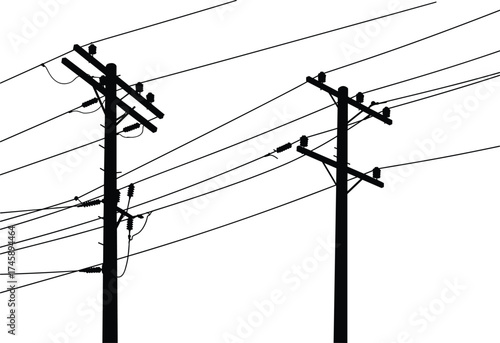 Silhouette utility poles, two pole network, crossarms and insulators, power line system, electricity distribution, urban infrastructure, black outline, voltage grid, energy