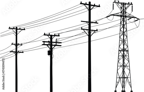 Silhouette utility poles, transmission tower contrast, transformers and insulators, power line system, electricity distribution, urban infrastructure, black outline, voltage grid, energy network