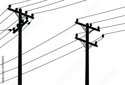 Silhouette utility poles, two pole network, crossarms and insulators, power line system, electricity distribution, urban infrastructure, black outline, voltage grid, energy system