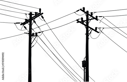 Silhouette utility poles, two pole network, transformers and insulators, power line system, electricity distribution, urban infrastructure, black outline, voltage grid, energy system