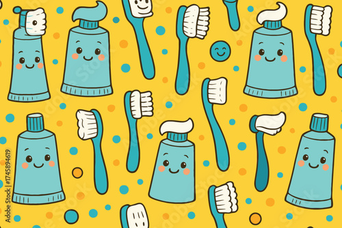 Cute cartoon toothbrushes and toothpaste tubes with happy faces on a yellow background