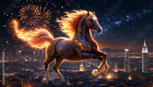 Majestic fantasy horse with glowing, fiery mane gallops above a night city skyline amid fireworks and stars. Dynamic magical digital art, golden sparks, celebration scene, copy space