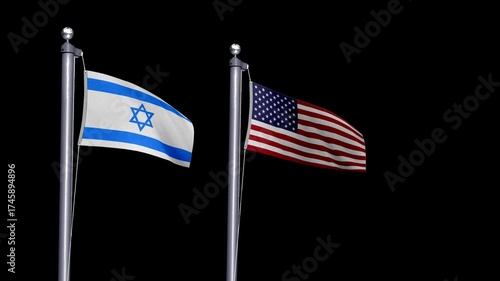 Transparent animated flags of Israel and the USA symbolizing political partnership, peace talks, and strategic military cooperation.
