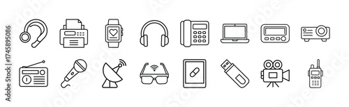 Vector art of collection of electronic device icons, including a bluetooth headset, printer, smartwatch, headphones, telephone, laptop, radio, microphone, satellite dish, 3d glasses