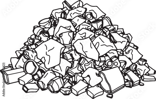 Pile of Trash Garbage Waste Dumpster Hand-drawn Sketch Drawing Vector Illustration, Line Linear Symbol Engraving Coloring Book, Black and White Isolated