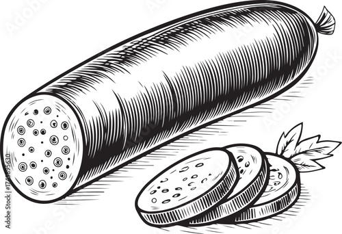Blood sausage (black pudding) Hand-drawn Sketch Drawing Vector Illustration, Line Linear Symbol Engraving Coloring Book, Black and White Isolated