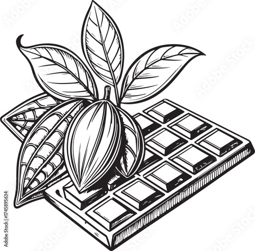 Chocolate bark or bar from Cocoa Hand-drawn Sketch Drawing Vector Illustration, Line Linear Symbol Engraving Coloring Book, Black and White Isolated