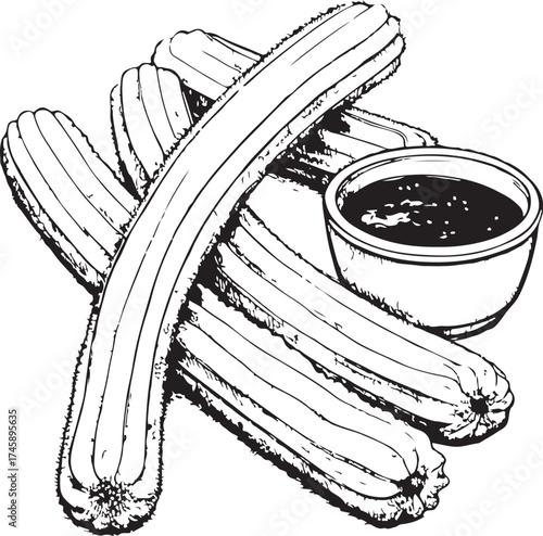 Churros Hand-drawn Sketch Drawing Vector Illustration, Line Linear Symbol Engraving Coloring Book, Black and White Isolated