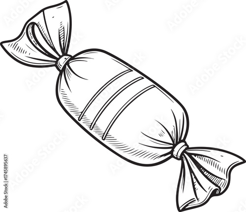Bonbon Candy Hand-drawn Sketch Drawing Vector Illustration, Line Linear Symbol Engraving Coloring Book, Black and White Isolated