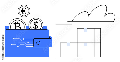 Wallet with digital currency symbols and cloud over stacked boxes. Ideal for finance, logistics, cryptocurrency, digital transactions, cloud computing, e-commerce, supply chain. Simple flat metaphor