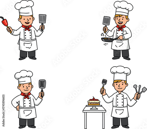 Cartoon chef characters, cooking and baking activities, kitchen tools, food preparation scenes, vector illustration for culinary, restaurant, kitchen, stock image