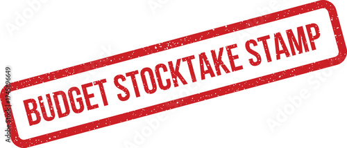 Grungy red rectangular rubber stamp showing BUDGET STOCKTAKE STAMP for inventory auditing and verification processes