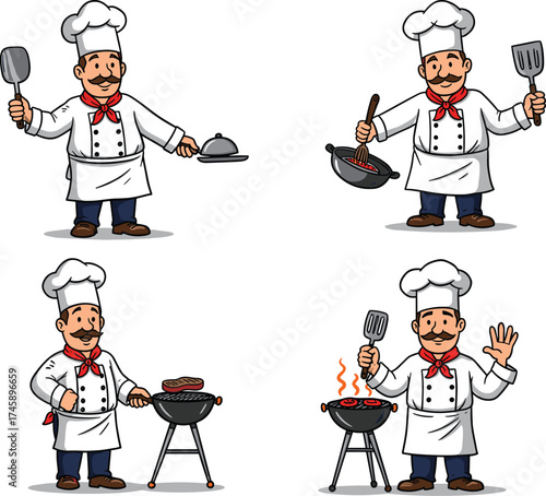 Cartoon chef characters, grilling steak and sausages, serving dish, frying pan cooking, vector illustration for culinary, kitchen, restaurant, stock image