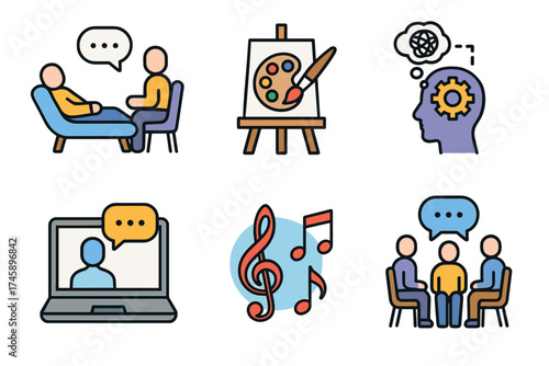 Therapy and counseling icon set. Colorful symbols of mental health support
