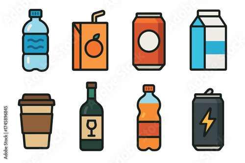Beverage and drinks icon set. Colorful symbols of different types of drinks