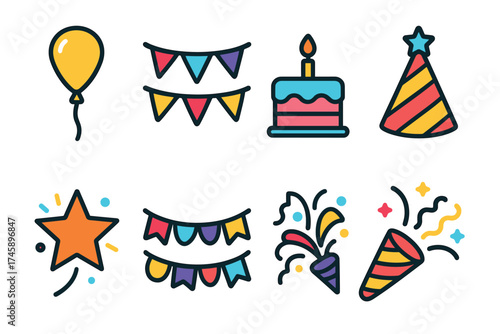Birthday party and celebration icon set. Colorful symbols of festive decorations