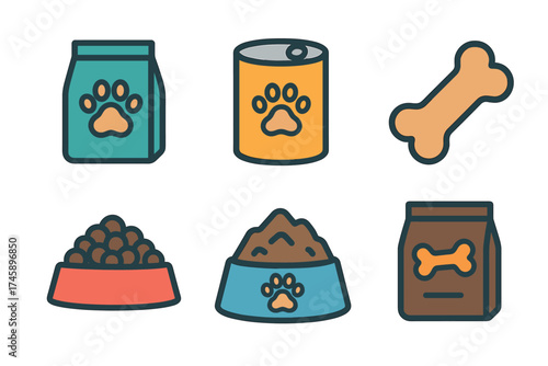 Dog food and pet supplies icon set. Colorful symbols of canine nutrition