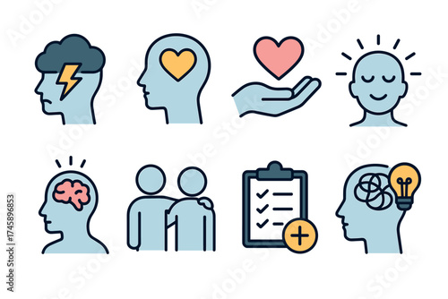 Mental health and wellbeing icon set. Colorful symbols of psychology and self-care