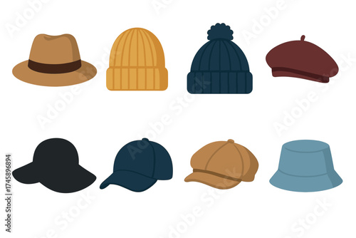 Hats and headwear icon set. Flat color symbols of fashion accessories