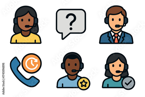 Customer service and call center icon set. Colorful symbols of technical support