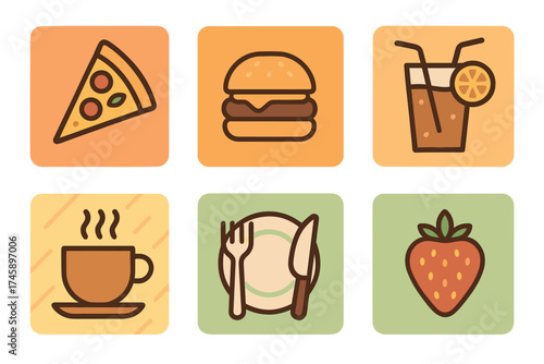 Food and drink icon set. Colorful symbols of meals and beverages