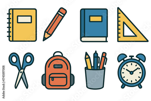 School supplies and stationery icon set. Colorful symbols of education and study