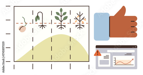 Growth stages of a plant, productivity graph, thumbs-up icon, and alert. Ideal for agriculture, productivity, growth analysis, sustainability, decision-making analysis tools simple flat metaphor