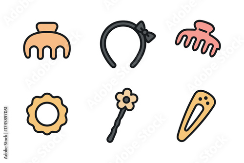 Hair accessories icon set. Colorful symbols of clips, bands, and hairstyle items
