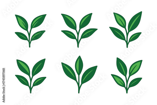 Leaves and twigs icon set. Two-tone green symbols of plants and nature