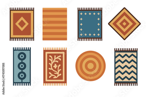 Rugs and carpets icon set. Flat color symbols of home decor and flooring