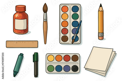 Art and school supplies icon set. Realistic color illustrations of drawing and painting tools