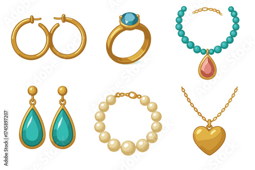 Jewelry and accessories icon set. Colorful cartoon symbols of precious items