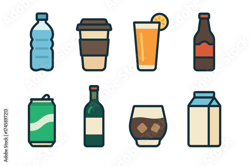 Beverages and drinks icon set. Colorful symbols of different cold and hot drinks