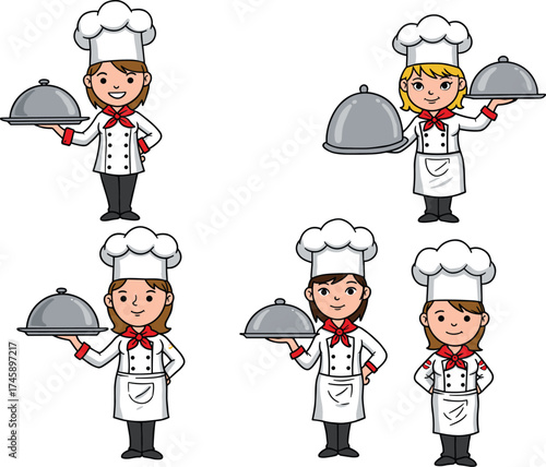 Cartoon chef characters, white uniform, red neckerchief, serving tray poses, friendly expressions, vector illustration for culinary, restaurant, stock image