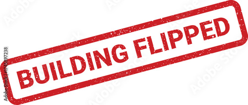 Red rectangular stamp icon with distressed texture and the words BUILDING FLIPPED in bold text