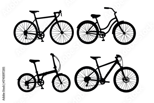 Bicycle silhouette icon set. Vector black symbols of different bike types